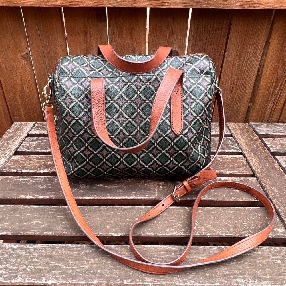 Fossil Green Print Bowler Bag With Matching Zip A… - image 8
